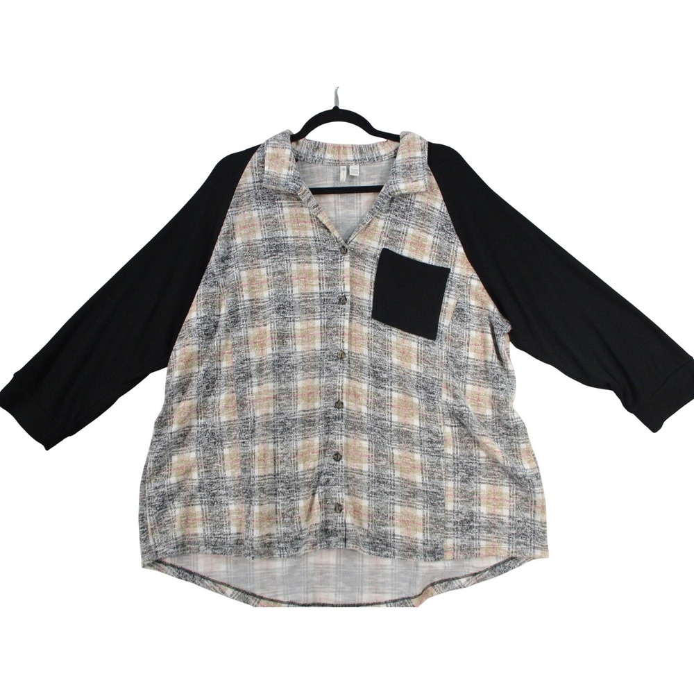 Full Circle Trends Women Plaid Knit Button Down Top Black Gray Pink 3X Plus Size